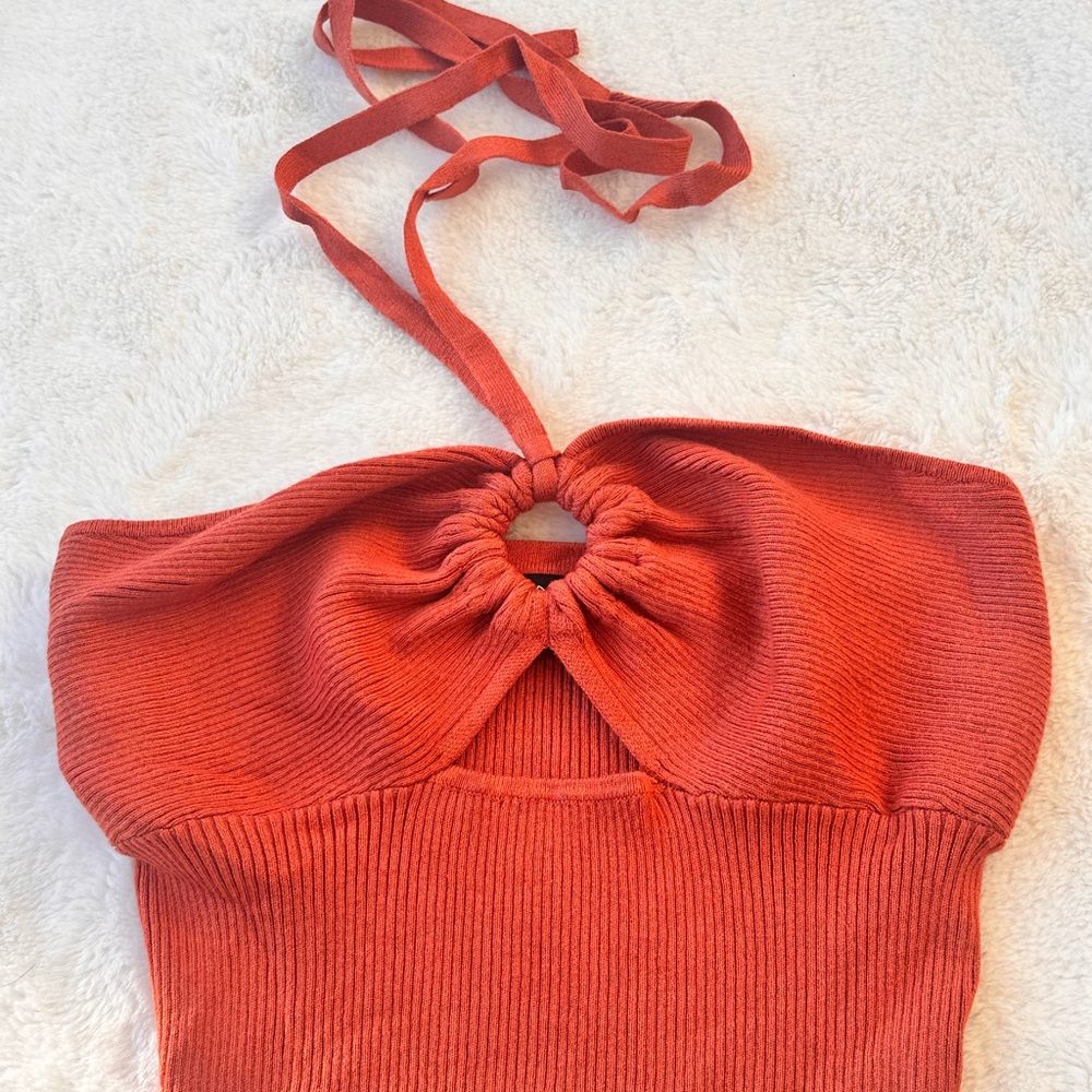 Almost Famous Terracotta Ribbed Halter Top- size M